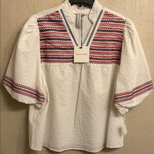 Grace & Karma Women Embroidered Bubble White Red Sleeve Top Size 1X